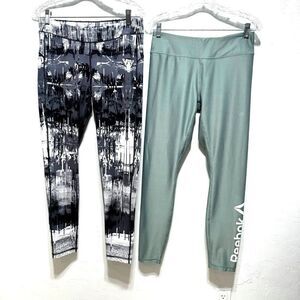 Reebok Legging 2 Pairs Full Length Black Teal High Mid Rise Womens sz Large